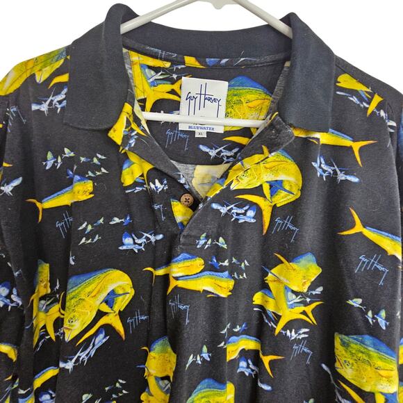 Guy Harvey by AFCO Bluewater Black Fish Print Short Sleeve Polo Shirt Men XL - Picture 2 of 8